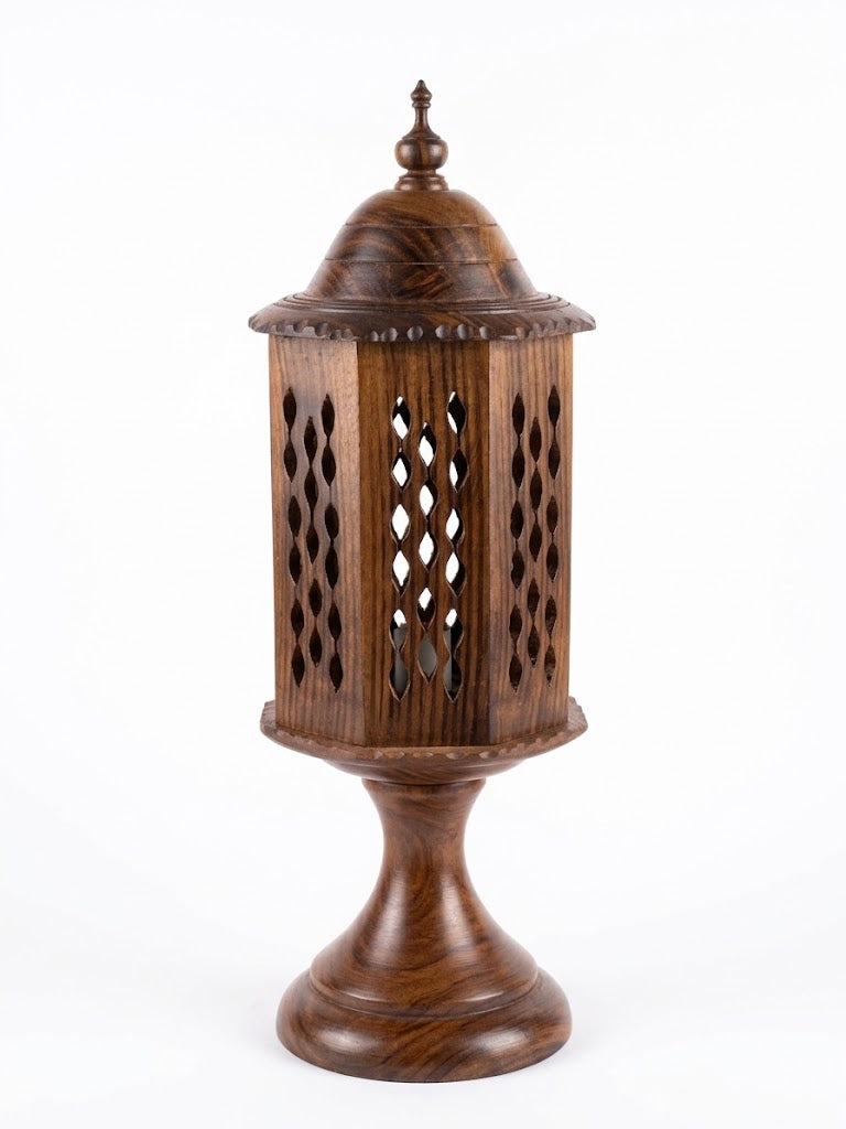 Handcrafted Round Wooden Table Lamp with Intricate Lattice Carving