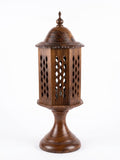 Handcrafted Round Wooden Table Lamp with Intricate Lattice Carving