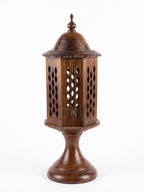 Handcrafted Round Wooden Table Lamp with Intricate Lattice Carving