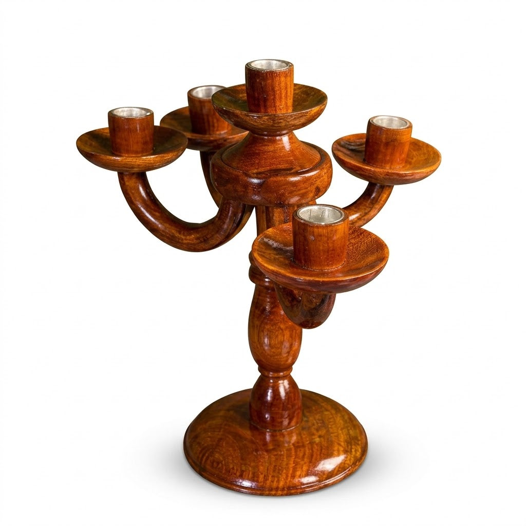 5-Arm Sheesham Wood Candle Holder | Handcrafted Wooden Candelabra