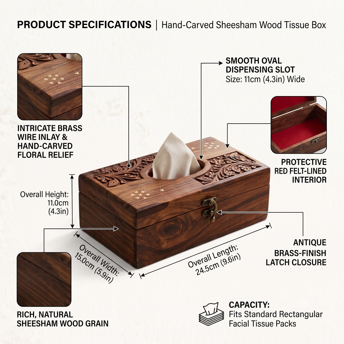 Hand-Carved Wooden Tissue Box with Floral Relief & Metallic Inlay