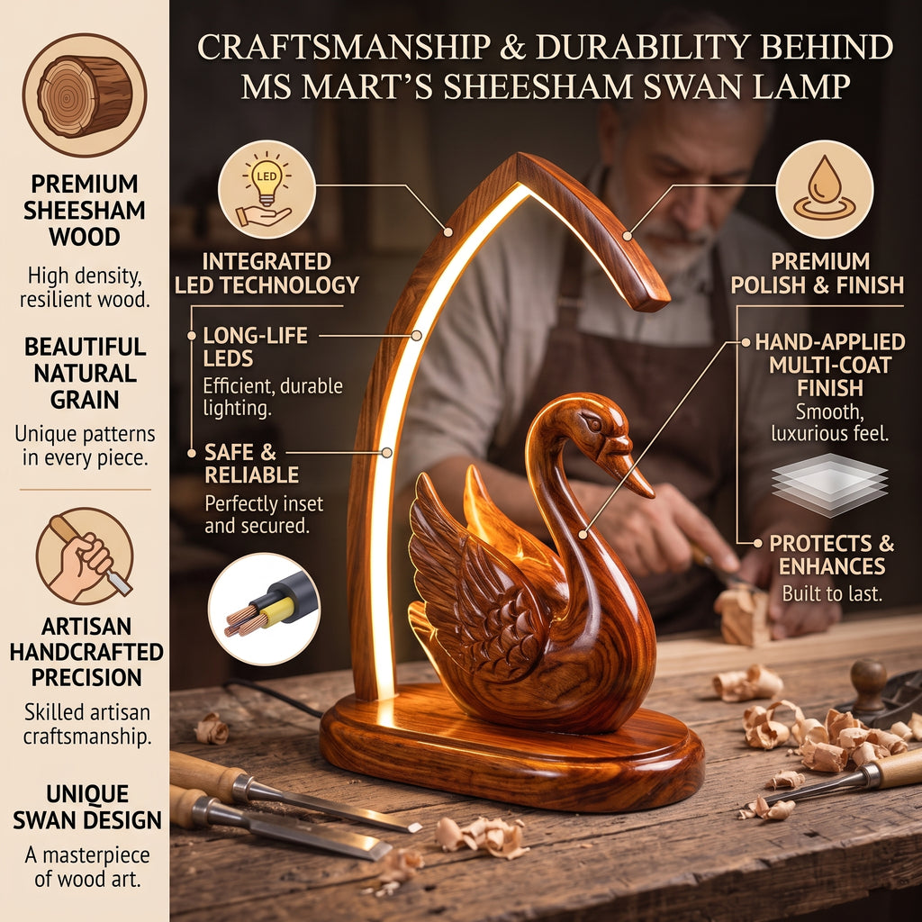 Premium Wooden Swan LED Night Light | Artisan Handcrafted Sheesham Lamp