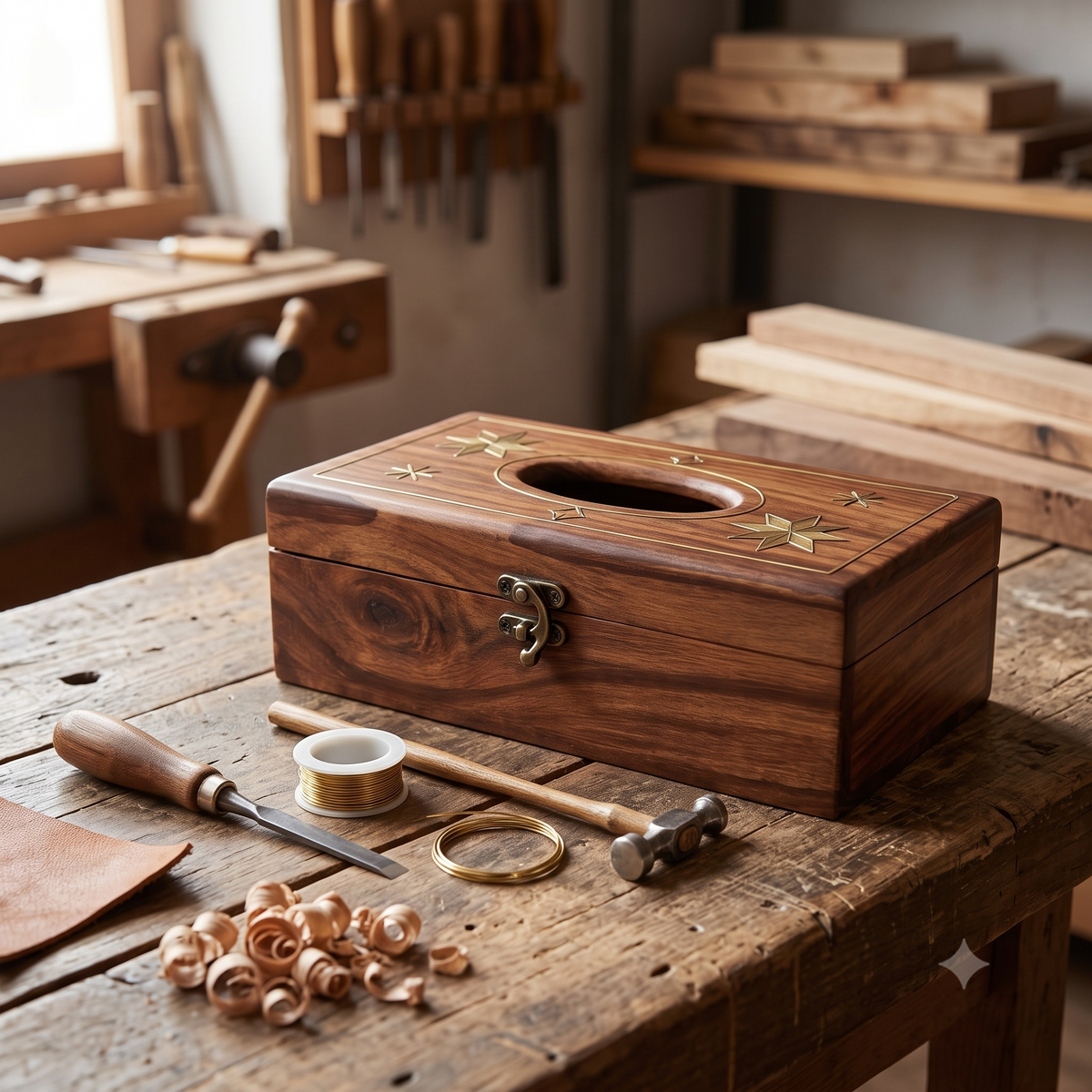 Hand-Carved Wooden Tissue Box with Floral Relief & Metallic Inlay