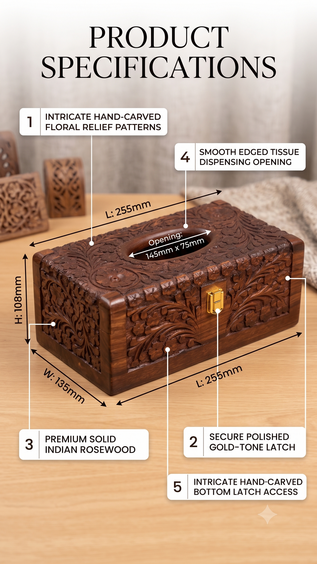 Premium Hand-Carved Wooden Tissue Box | Vintage Floral Relief