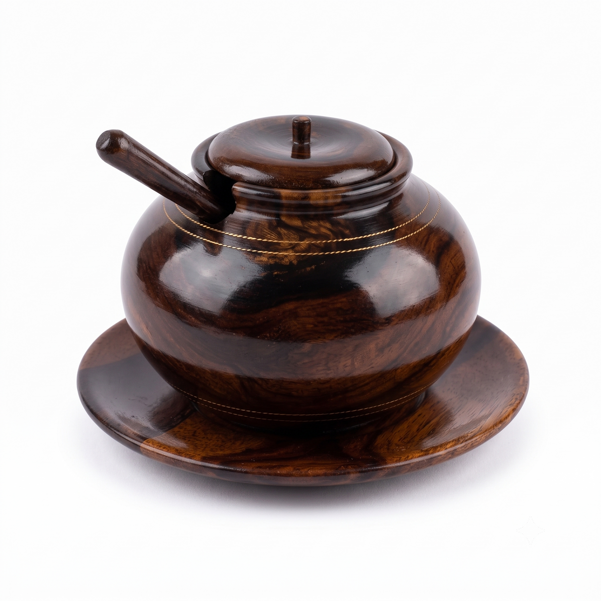 Handcrafted Dark Wood Sugar Bowl with Spoon & Saucer