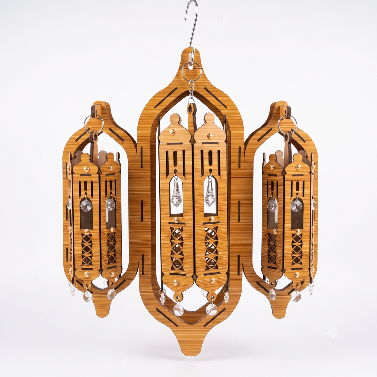 3-Piece Laser-Cut Wooden Chandelier with Crystal Pendants