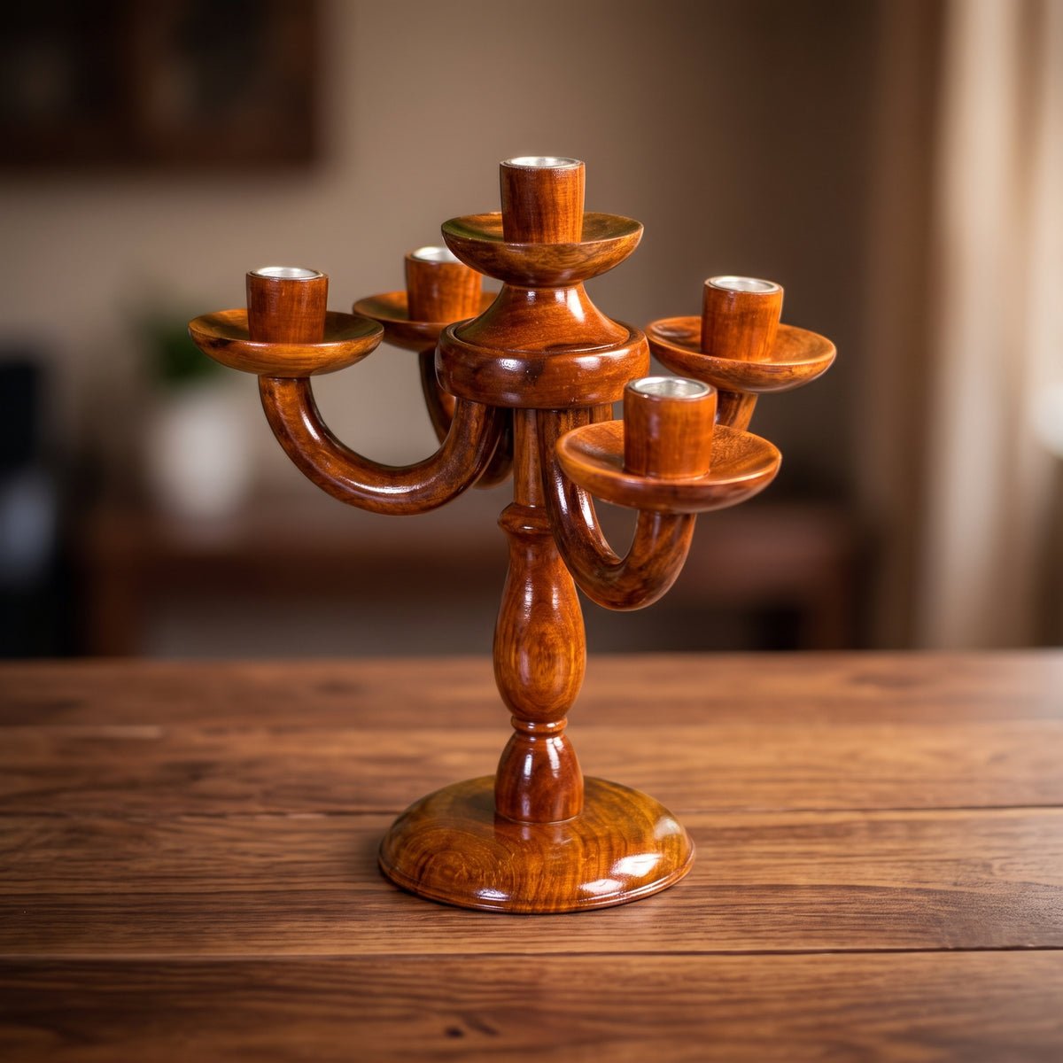 5-Arm Sheesham Wood Candle Holder | Handcrafted Wooden Candelabra