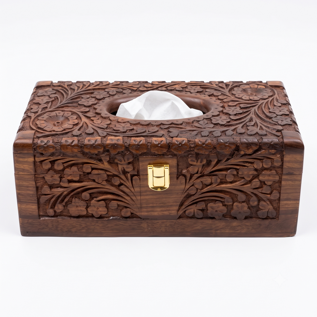 Premium Hand-Carved Wooden Tissue Box | Vintage Floral Relief