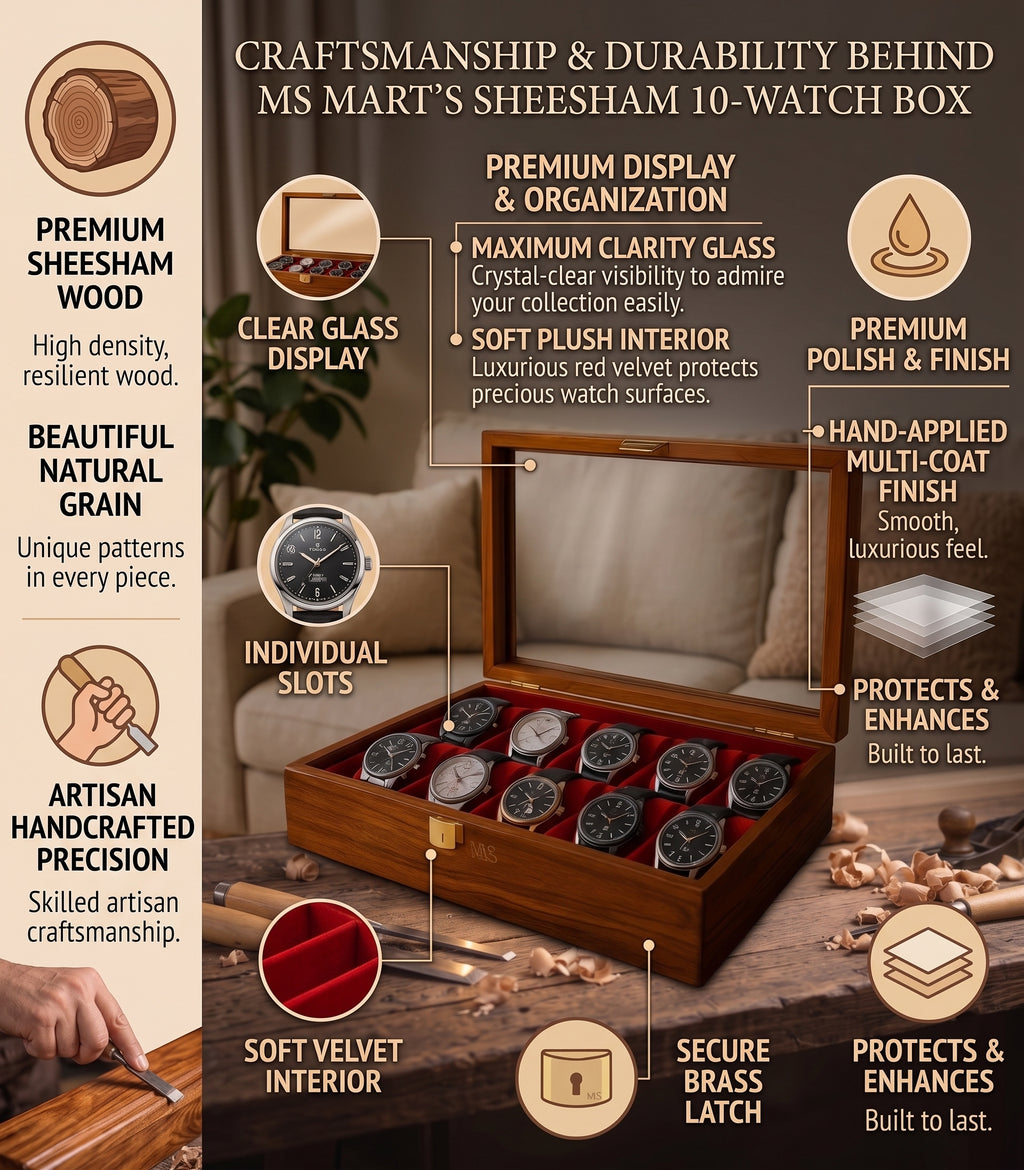 Premium Wood 10-Slot Watch Box Organizer with Display Lid