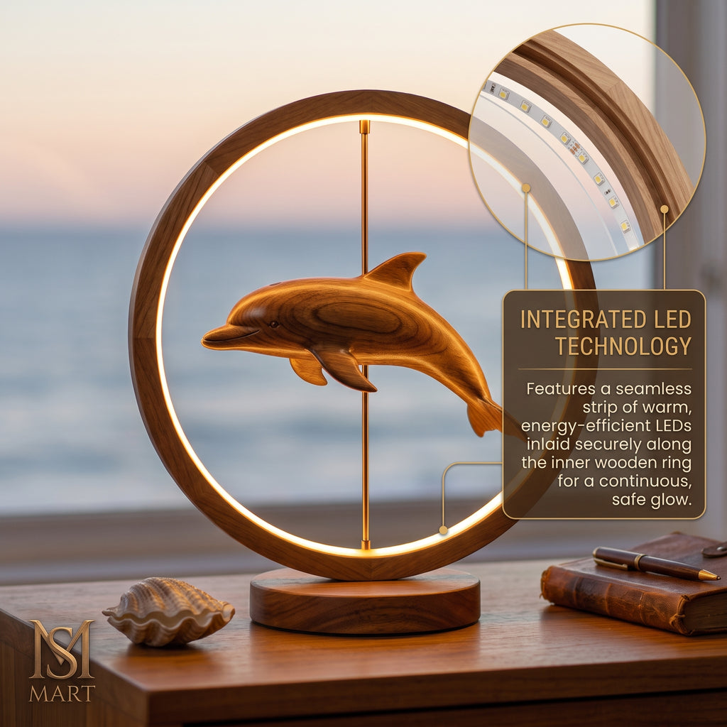 Handcrafted Wooden Dolphin LED Lamp – Ambient Table Decor