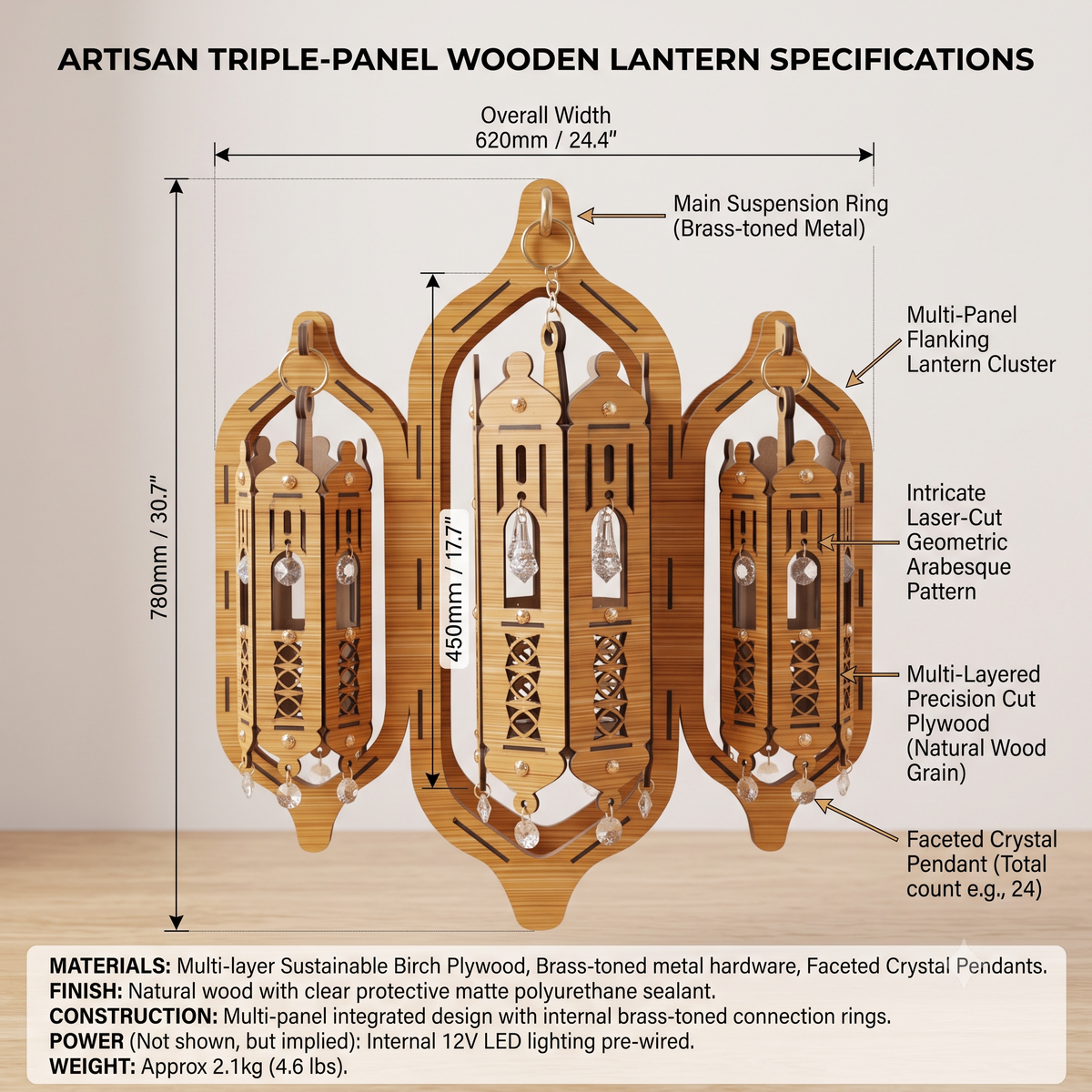 3-Piece Laser-Cut Wooden Chandelier with Crystal Pendants