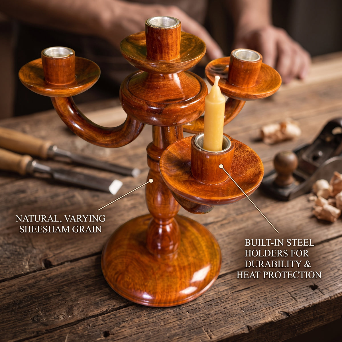 5-Arm Sheesham Wood Candle Holder | Handcrafted Wooden Candelabra