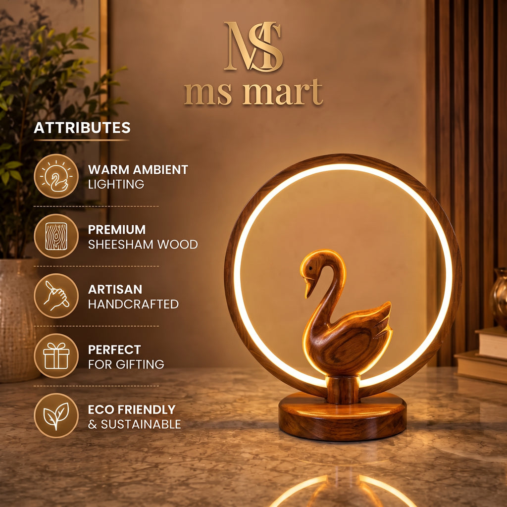 Premium Wooden Swan LED Night Light | Artisan Handcrafted Sheesham Lamp