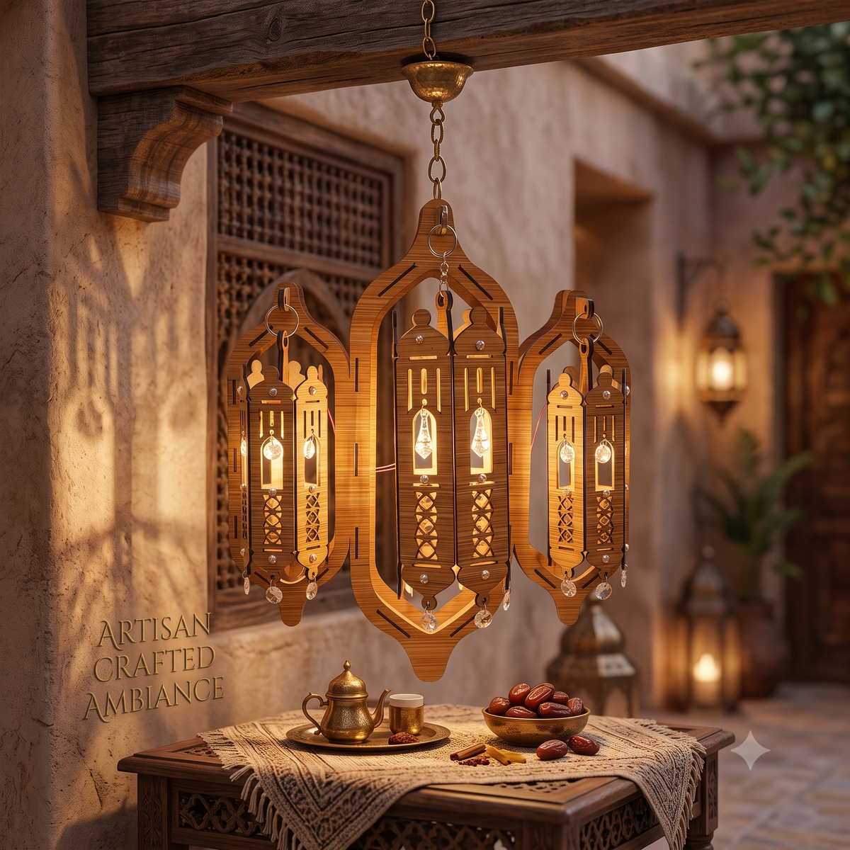 3-Piece Laser-Cut Wooden Chandelier with Crystal Pendants