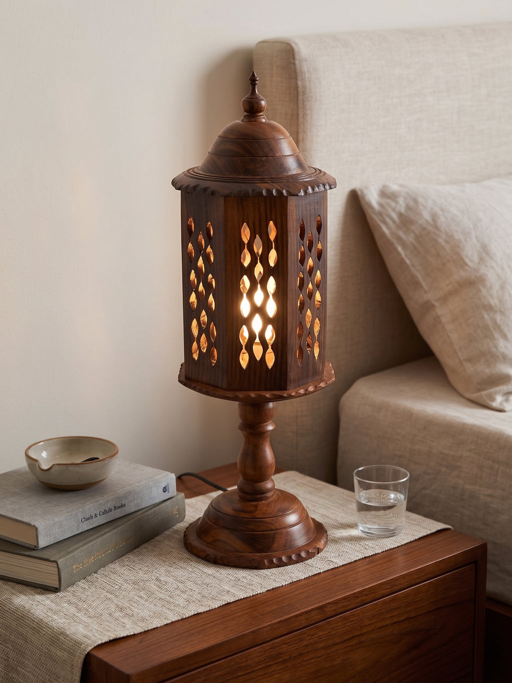 Handcrafted Round Wooden Table Lamp with Intricate Lattice Carving