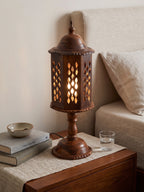 Handcrafted Round Wooden Table Lamp with Intricate Lattice Carving