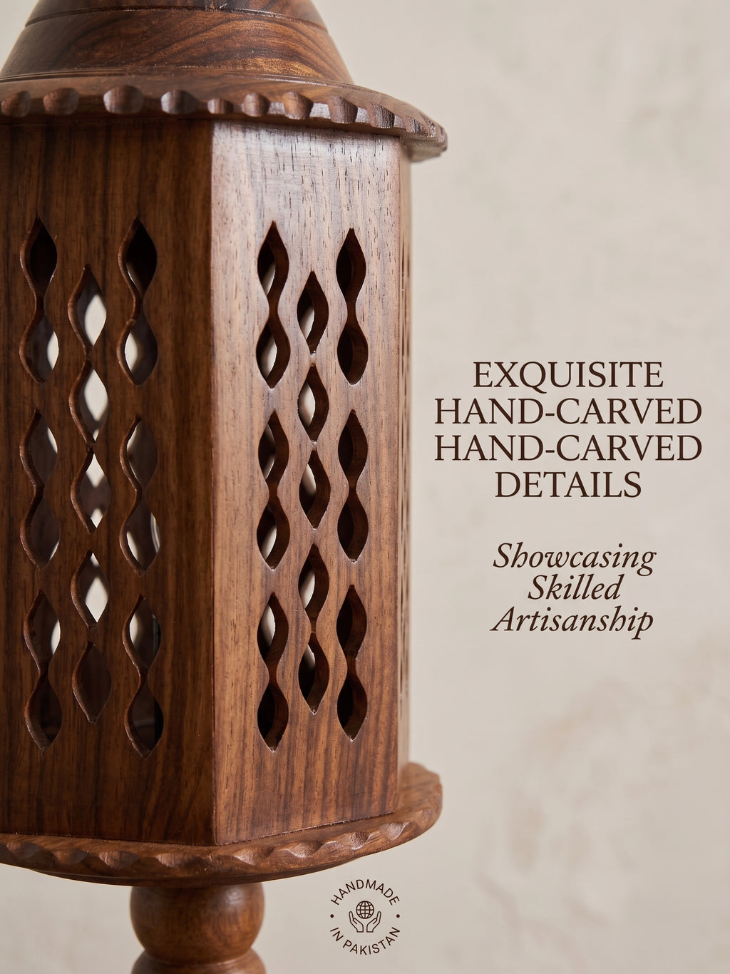 Handcrafted Round Wooden Table Lamp with Intricate Lattice Carving