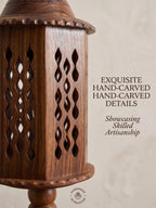Handcrafted Round Wooden Table Lamp with Intricate Lattice Carving