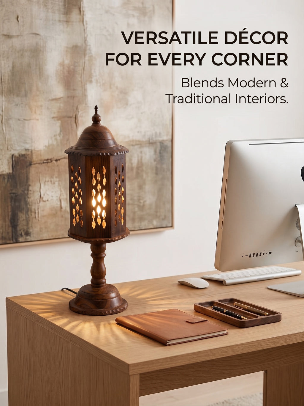 Handcrafted Round Wooden Table Lamp with Intricate Lattice Carving