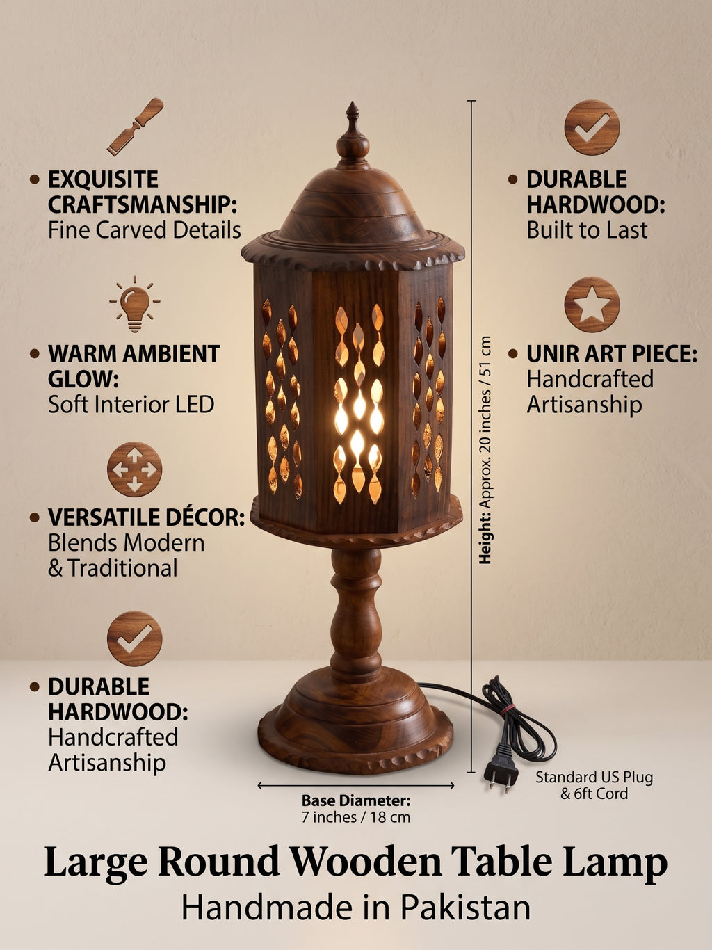 Handcrafted Round Wooden Table Lamp with Intricate Lattice Carving