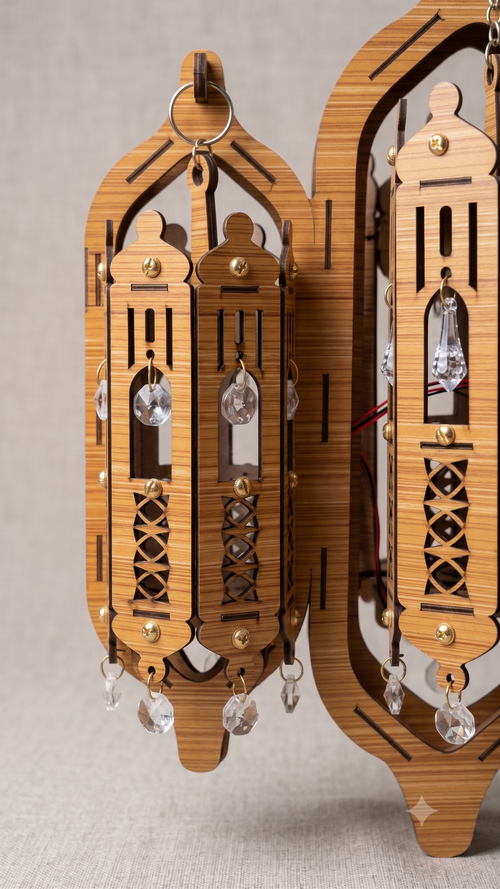 3-Piece Laser-Cut Wooden Chandelier with Crystal Pendants