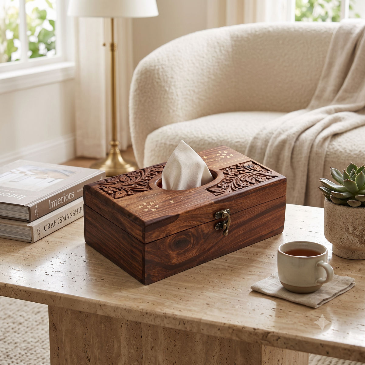 Hand-Carved Wooden Tissue Box with Floral Relief & Metallic Inlay