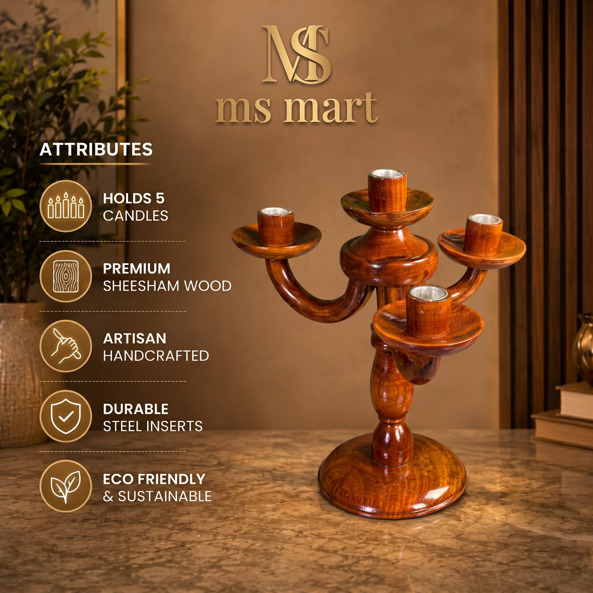 5-Arm Sheesham Wood Candle Holder | Handcrafted Wooden Candelabra