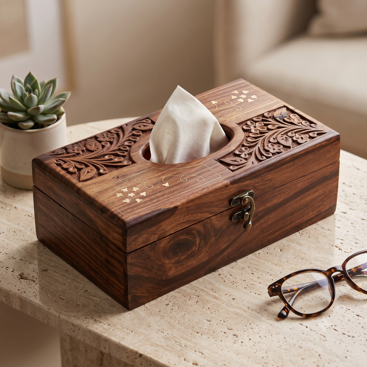 Hand-Carved Wooden Tissue Box with Floral Relief & Metallic Inlay