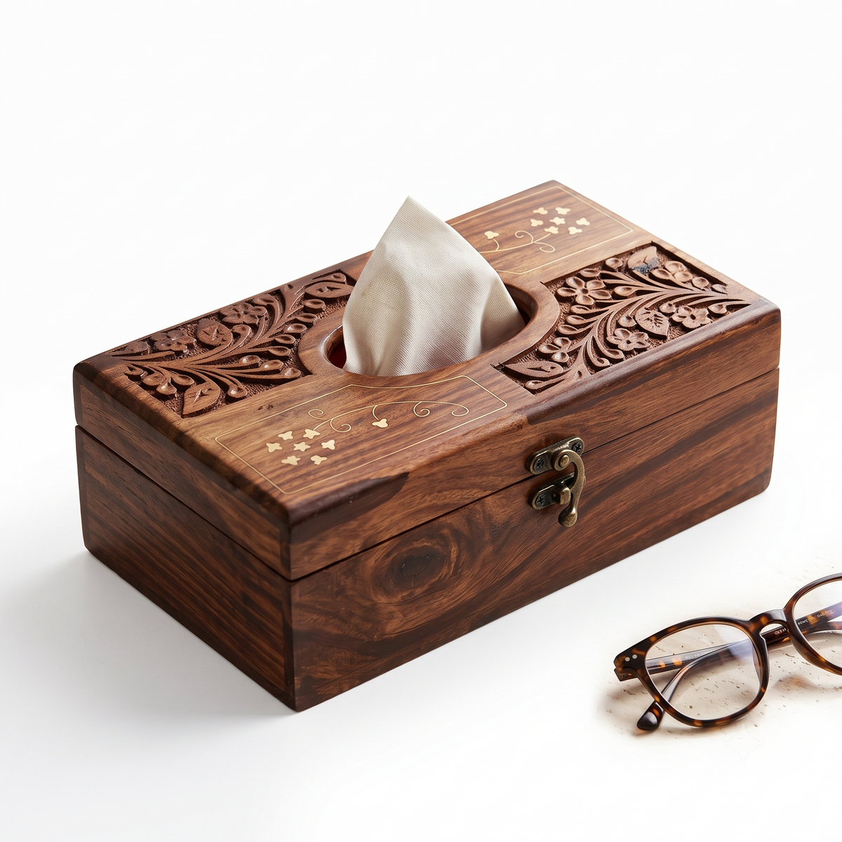 Hand-Carved Wooden Tissue Box with Floral Relief & Metallic Inlay