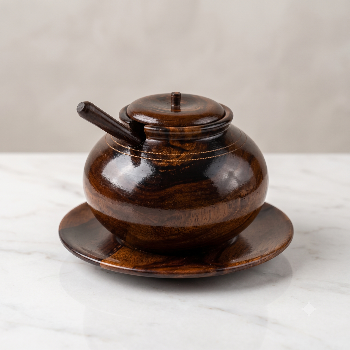 Handcrafted Dark Wood Sugar Bowl with Spoon & Saucer
