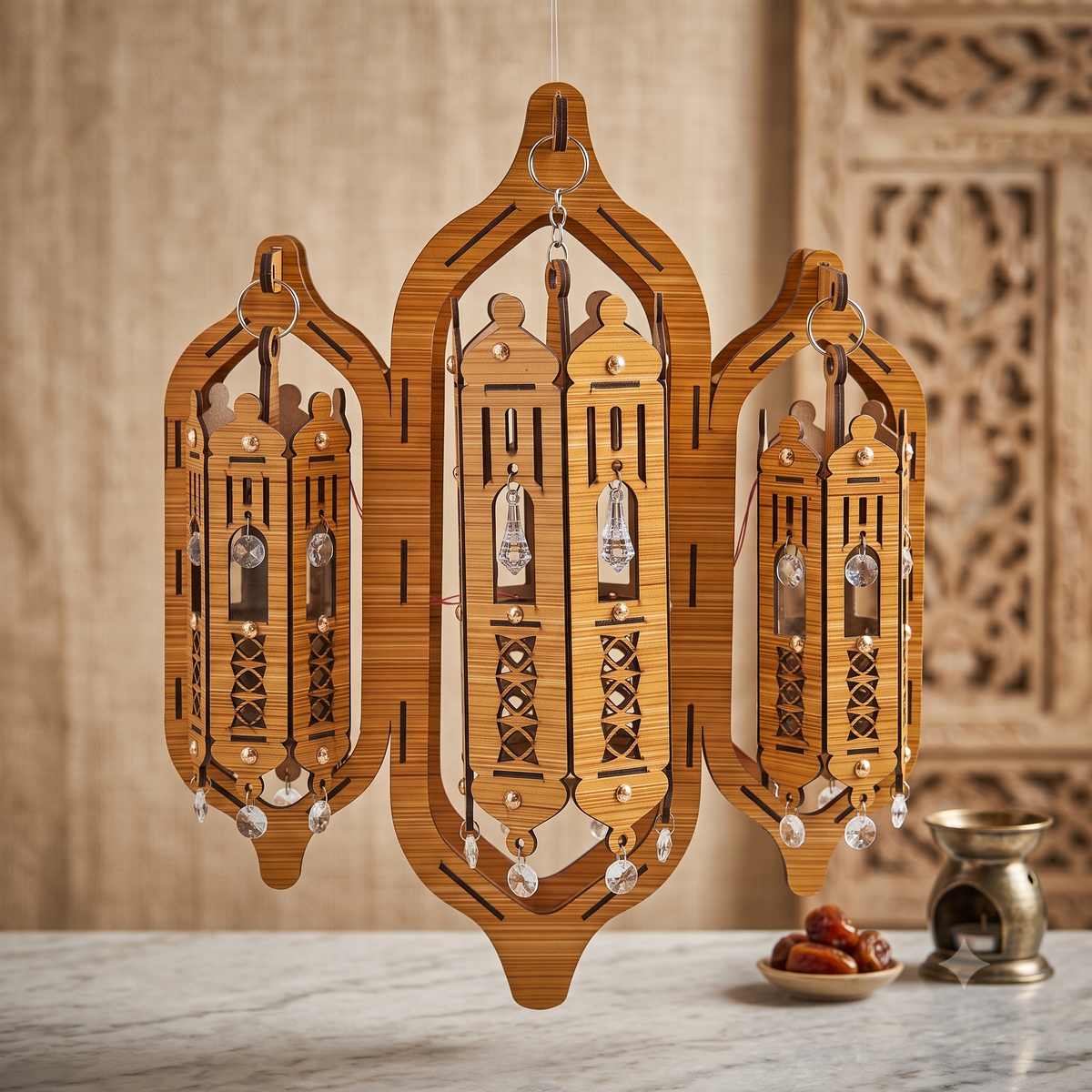 3-Piece Laser-Cut Wooden Chandelier with Crystal Pendants