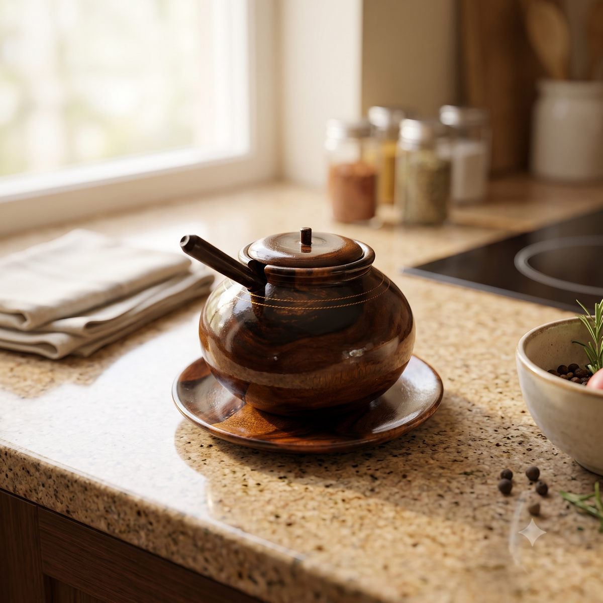 Handcrafted Dark Wood Sugar Bowl with Spoon & Saucer