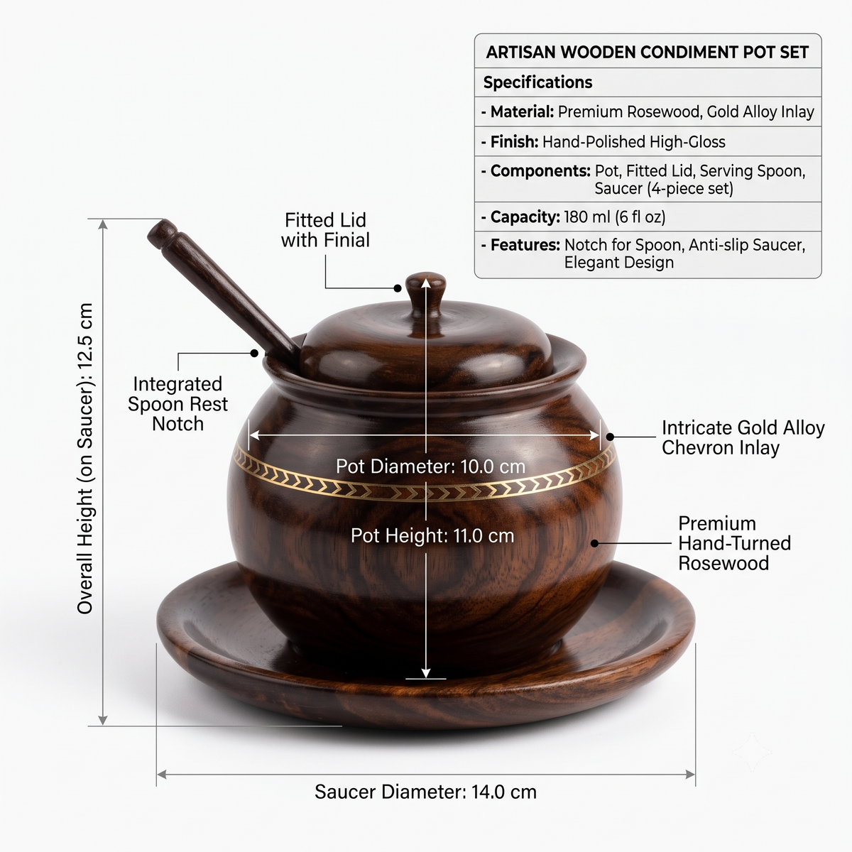 Handcrafted Dark Wood Sugar Bowl with Spoon & Saucer