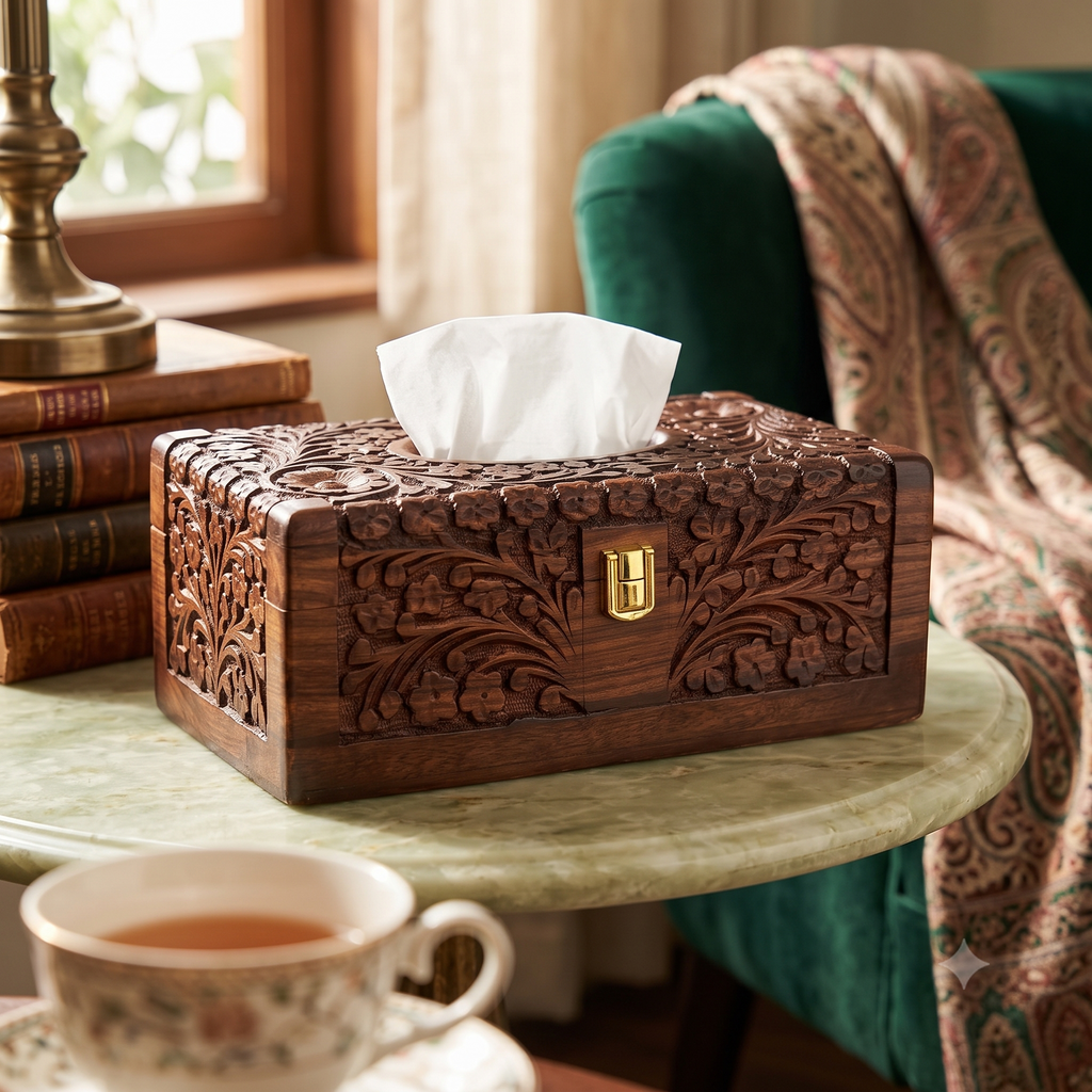Premium Hand-Carved Wooden Tissue Box | Vintage Floral Relief