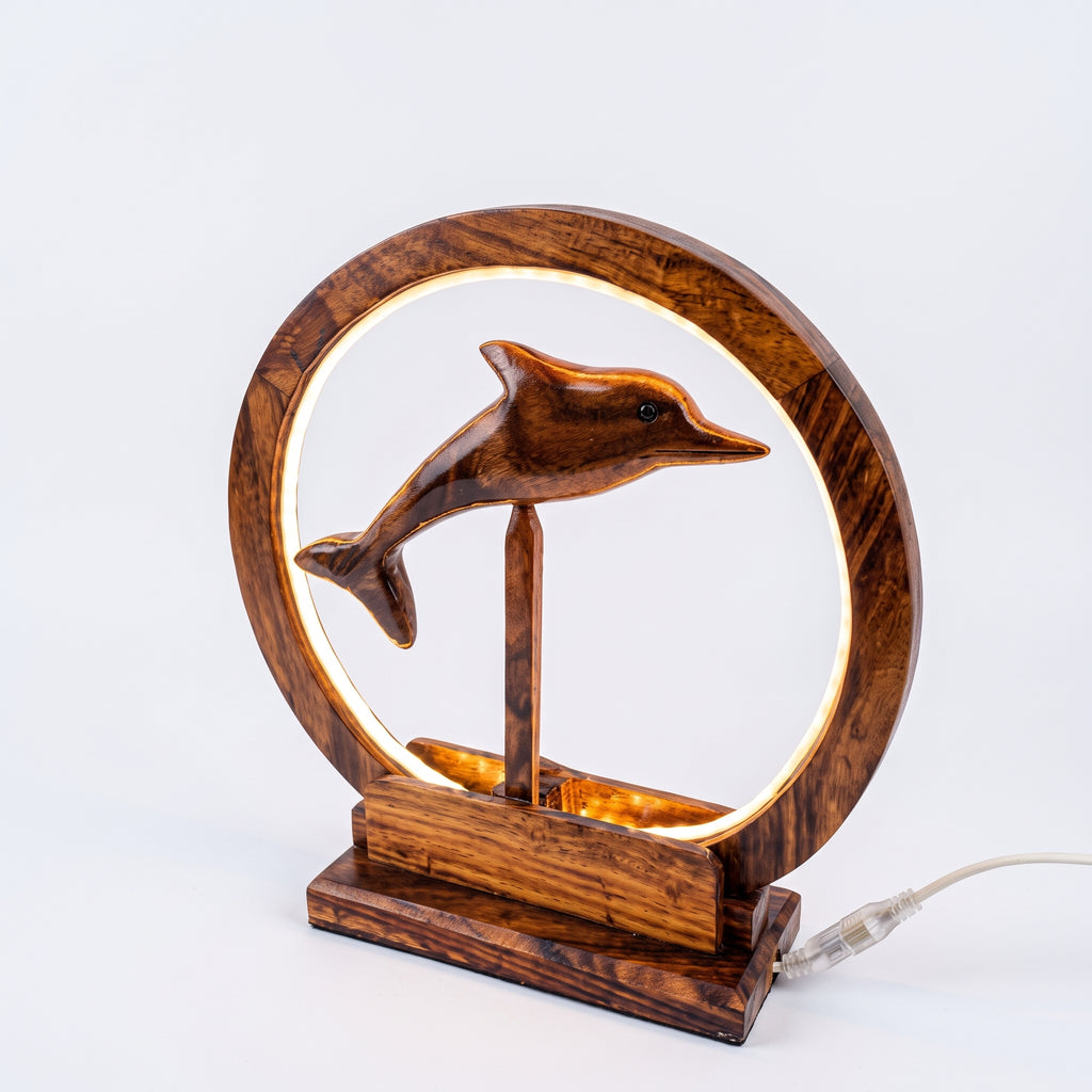 Handcrafted Wooden Dolphin LED Lamp – Ambient Table Decor