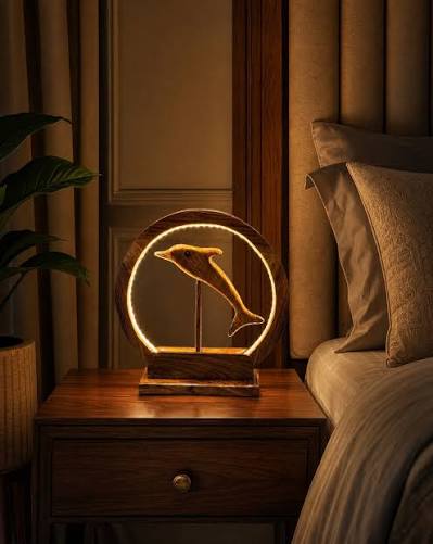 Handcrafted Wooden Dolphin LED Lamp – Ambient Table Decor